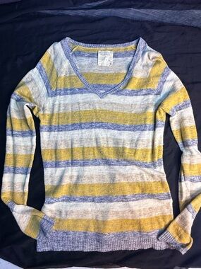 Billy Reid Striped V-Neck Lightweight Sweater in Yellow, Blue, Cream wool